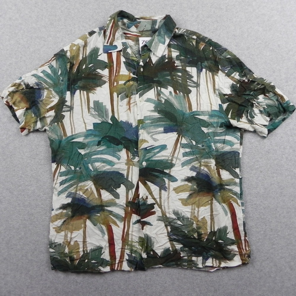 Zara Shirt Mens Large Relaxed Fit Hawaiian‎ Tropical Palm Button Up Short Sleeve